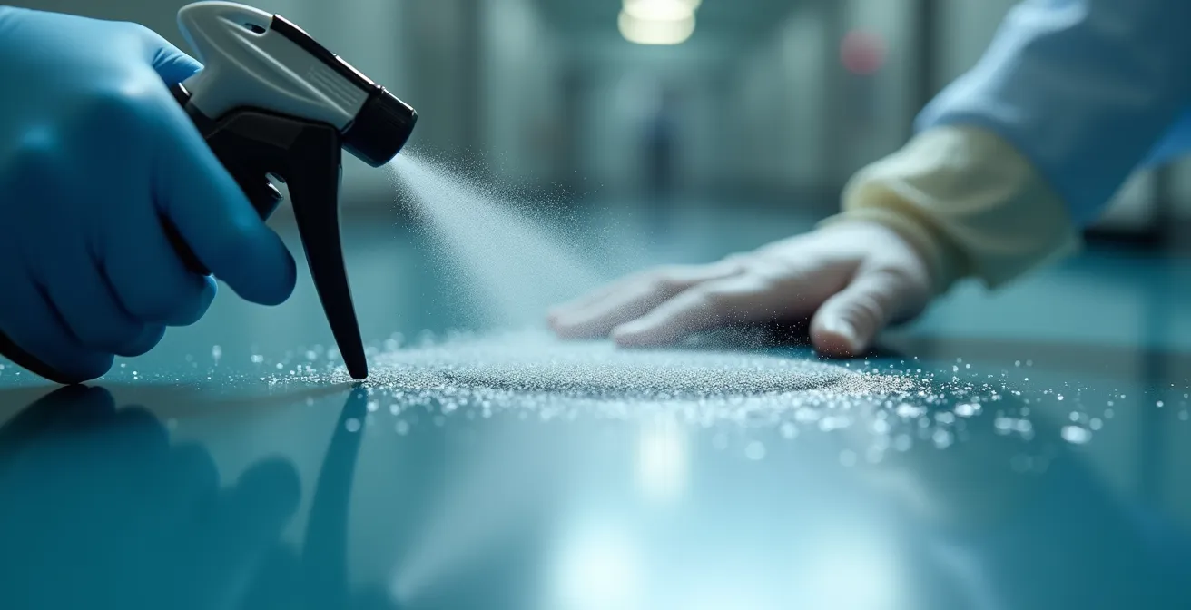 Technicien de bionettoyage effectuant un nettoyage minutieux et documenté en établissement de soins, avec équipement de protection approprié.