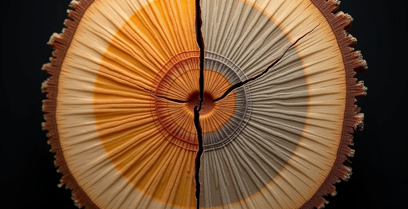 Section transversale de bois montrant le gonflement en été (humidité élevée) et le retrait en hiver (air sec), avec fissures visibles.