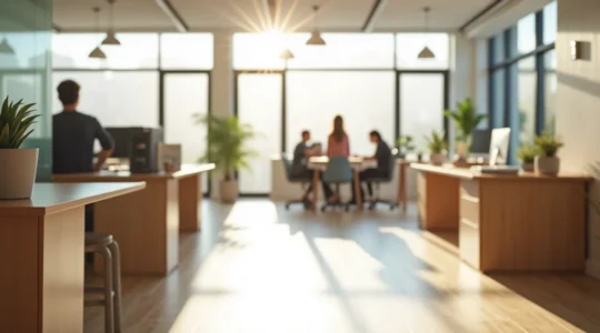 Un bureau moderne et impeccable reflétant une culture d'entreprise positive où les employés se sentent valorisés et motivés.