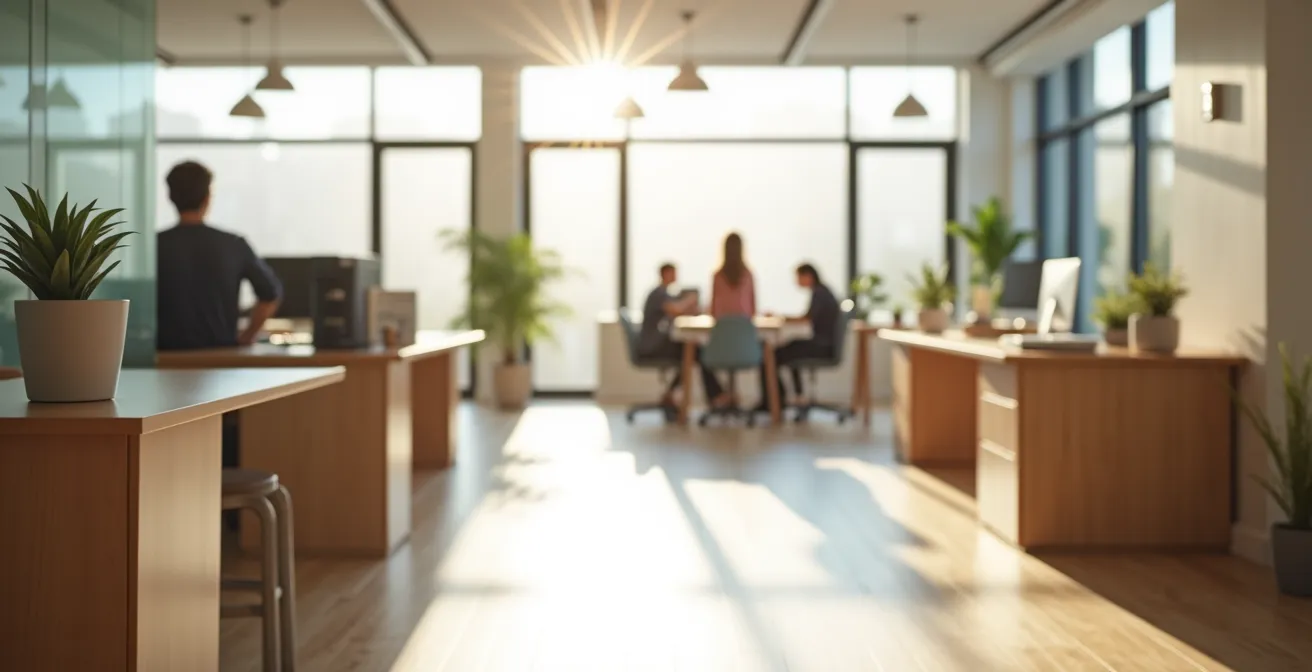 Un bureau moderne et impeccable reflétant une culture d'entreprise positive où les employés se sentent valorisés et motivés.