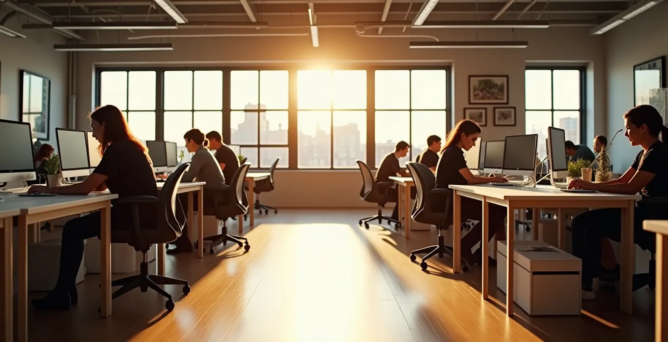 Un bureau commercial lumineux et impeccablement organisé avec des employés concentrés, des surfaces brillantes, des plantes vertes et une fenêtre donnant sur Québec.