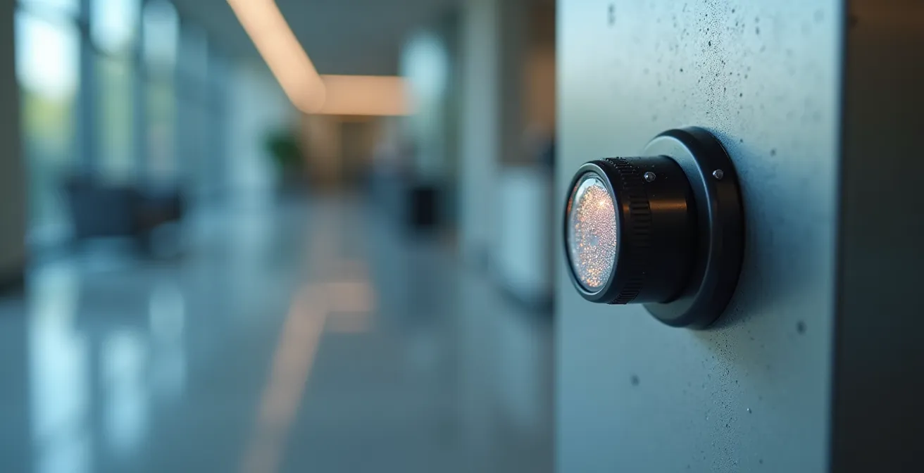 Environnement de bureau moderne équipé de capteurs intelligents et de technologies IoT pour optimiser les opérations de nettoyage