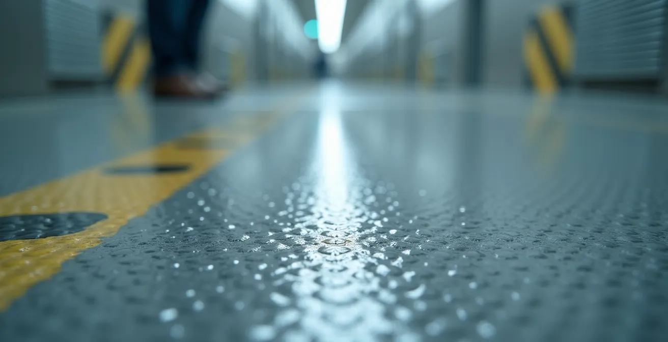 Gros plan texturé d'une surface de plancher commercial montrant la texture antidérapante et des traces d'eau