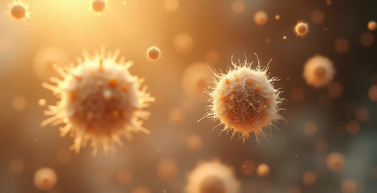 Vue macro détaillée des particules de poussière de bureau au Québec montrant la composition complexe incluant microplastiques, résidus minéraux et pollens.