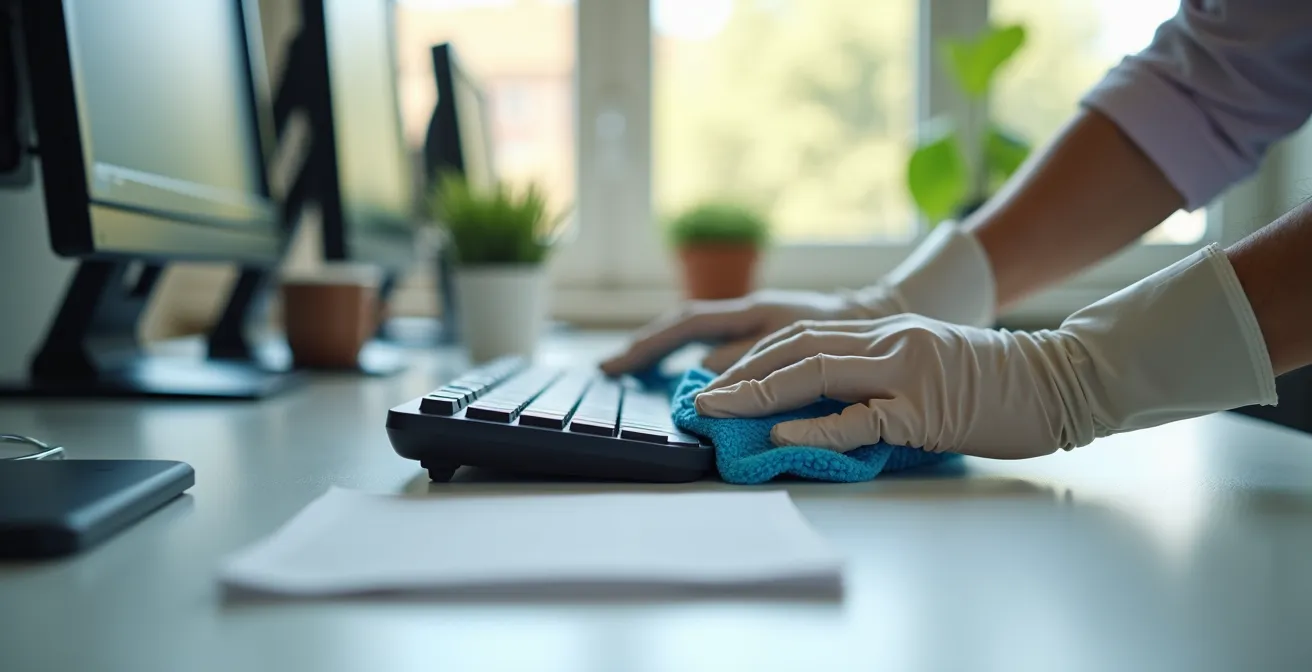 Surfaces de bureau avec focus sur les points de contact fréquemment touchés, montrant des mains qui nettoient méthodiquement avec des lingettes désinfectantes.