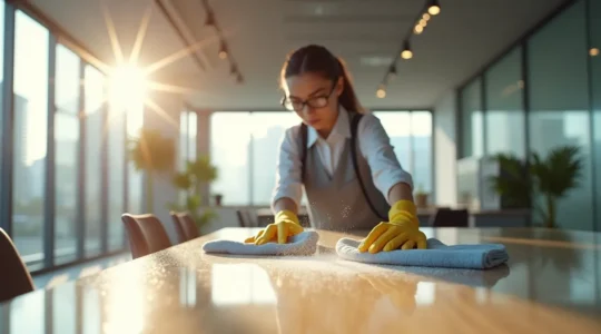 Un professionnel du nettoyage utilisant des techniques modernes de dépoussiérage dans un bureau québécois contemporain avec mobilier de qualité.