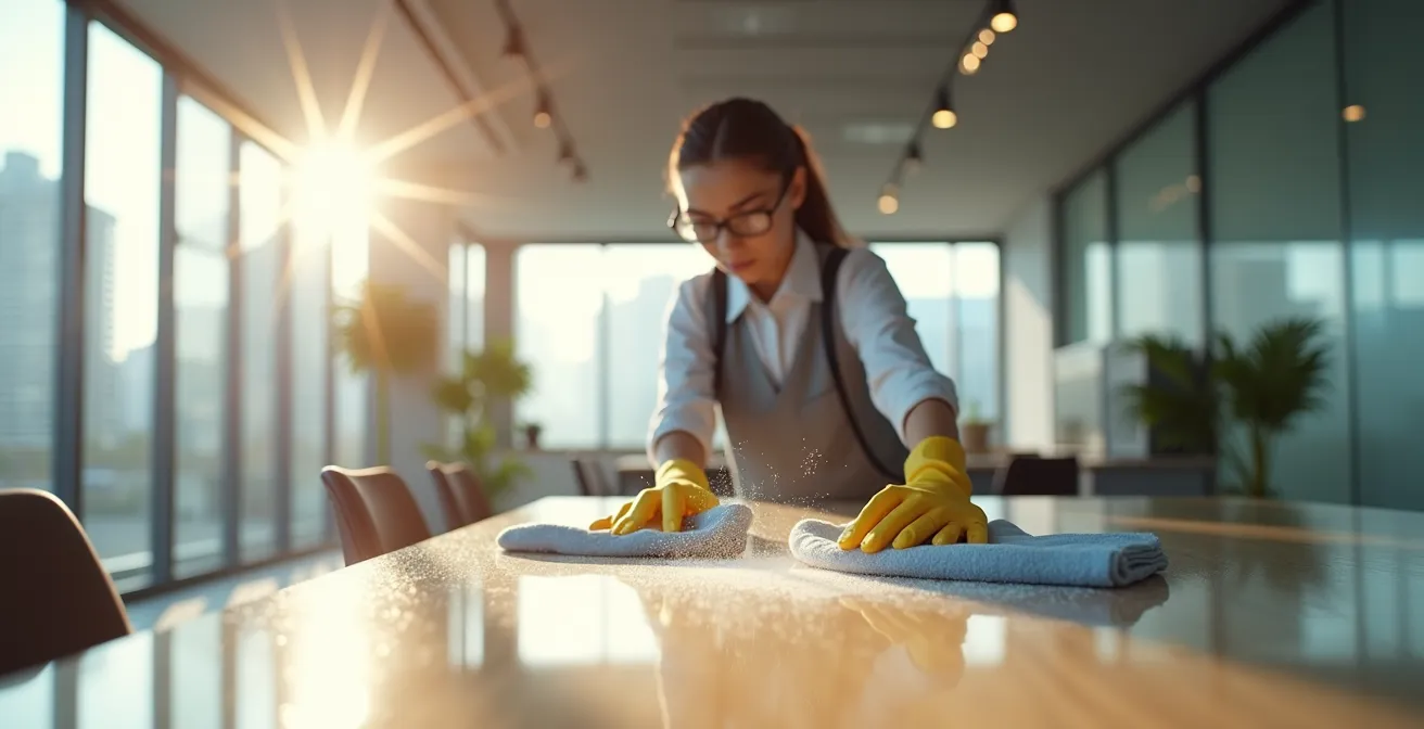 Un professionnel du nettoyage utilisant des techniques modernes de dépoussiérage dans un bureau québécois contemporain avec mobilier de qualité.