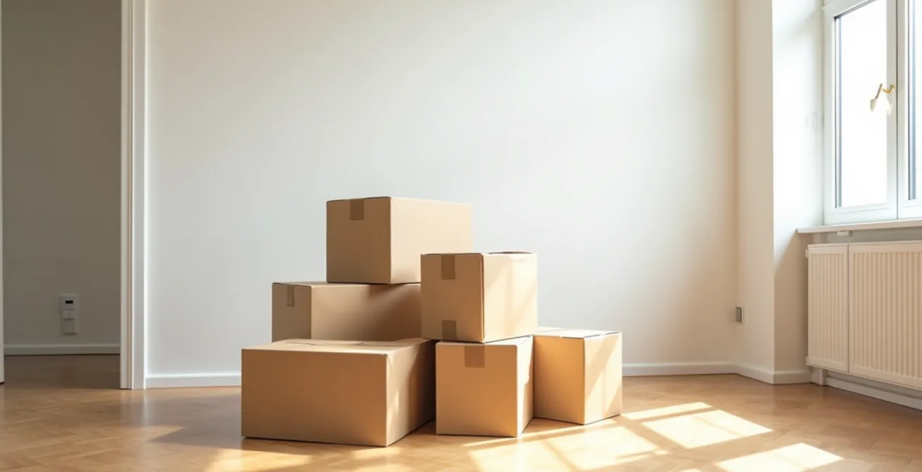 Vue environnementale d'un intérieur épuré avec boîtes de carton préparées pour dons, lumière naturelle créant ambiance de renouveau