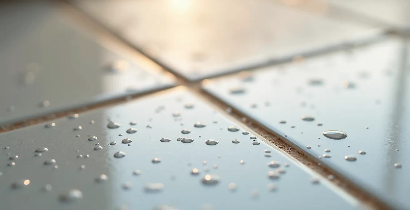 Macro détail d'une surface brillante de carrelage cristallin sans impuretés, montrant la texture et la pureté