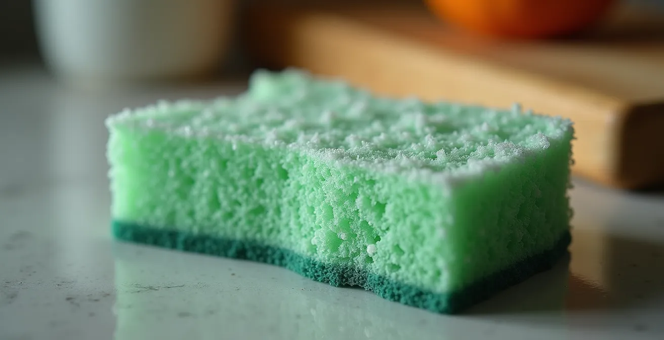 Gros plan macro sur une éponge à récurer montrant les particules minérales incrustées dans les fibres grattantes