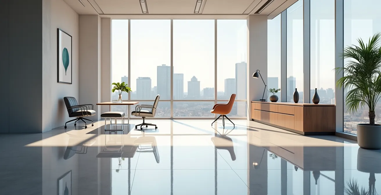 Espace de travail moderne avec surfaces luisantes, reflets naturels, éléments de design québécois subtils, parfait pour contenu Instagram