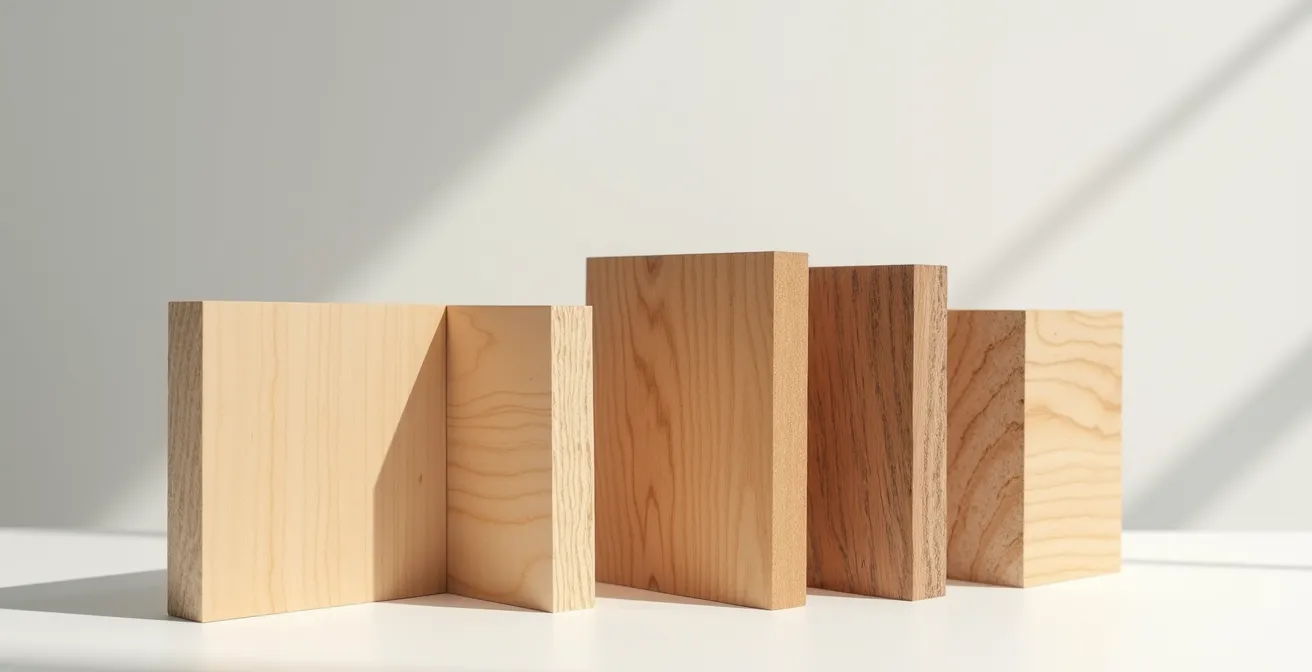 Illustration éducative montrant côte à côte cinq essences de bois québécoises (érable, merisier, chêne, noyer, pin) avec leurs grains et teintes naturelles distinctes, sans texte lisible.