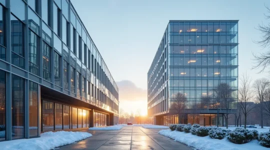 Vue d'ensemble d'un immeuble moderne aux vitres scintillantes dans un contexte urbain québécois, symbolisant la gestion stratégique et organisée de l'entretien immobilier