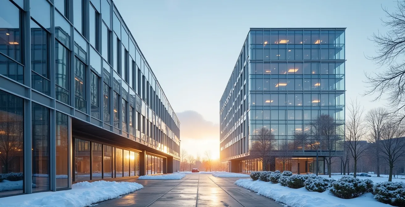 Vue d'ensemble d'un immeuble moderne aux vitres scintillantes dans un contexte urbain québécois, symbolisant la gestion stratégique et organisée de l'entretien immobilier