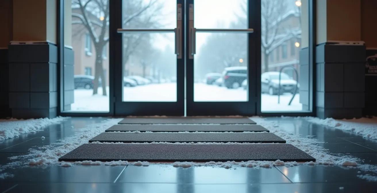 Hall d'entrée commercial québécois en hiver avec système de tapis multi-zones de gestion de la sloche et dépôts hivernaux