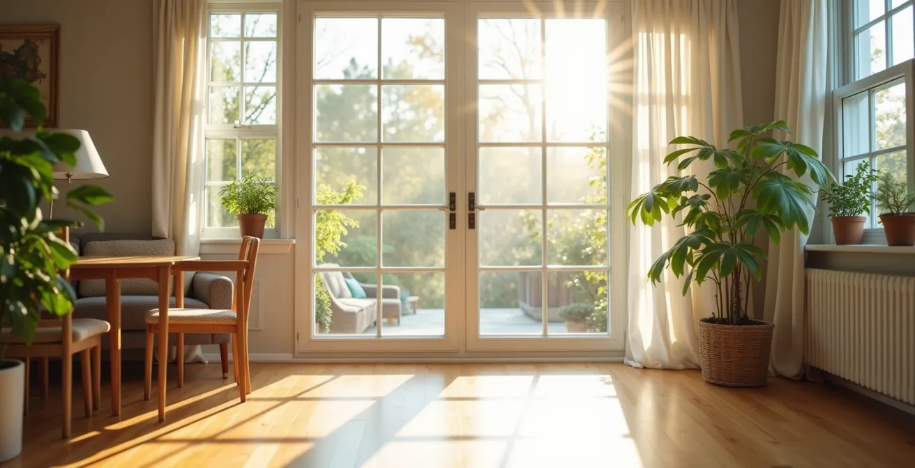 Intérieur lumineux d'une maison québécoise après un grand nettoyage printanier, ambiance fraîche et renouvelée