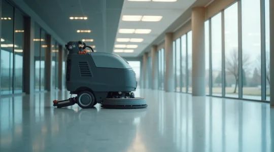 Professionnel utilisant une autolaveuse moderne pour nettoyer un plancher commercial dans un environnement québécois