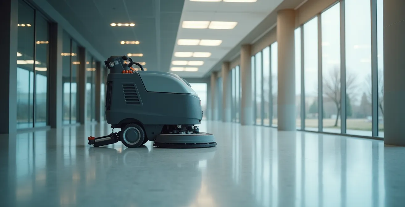 Professionnel utilisant une autolaveuse moderne pour nettoyer un plancher commercial dans un environnement québécois