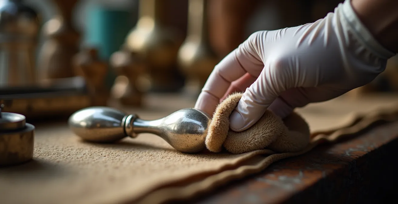 Gros plan d'une main gantée de coton blanc polissant délicatement une surface d'argent ancien avec un chiffon spécialisé, montrant la technique précise du polissage patrimonial.