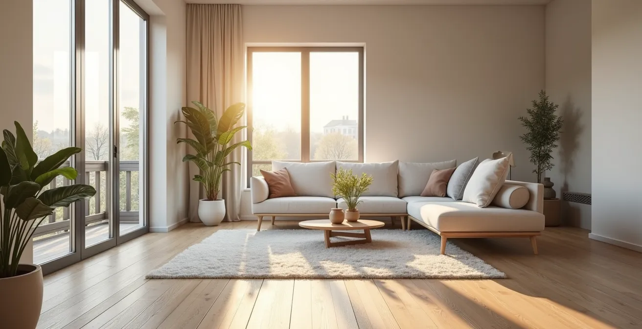 Intérieur lumineux d'une maison québécoise bien entretenue avec éléments de confort familial et clarté naturelle