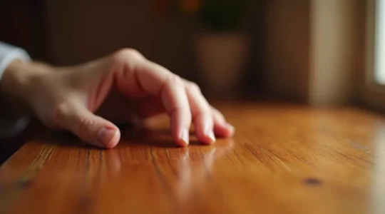 Gros plan d'une surface de mobilier en bois précieux avec patine naturelle et veinage apparent, éclairage doux de fenêtre.