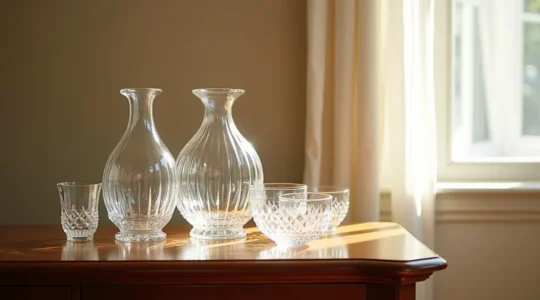 Mise en scène élégante d'objets décoratifs précieux en cristal et porcelaine ancienne dans un intérieur québécois chaleureux