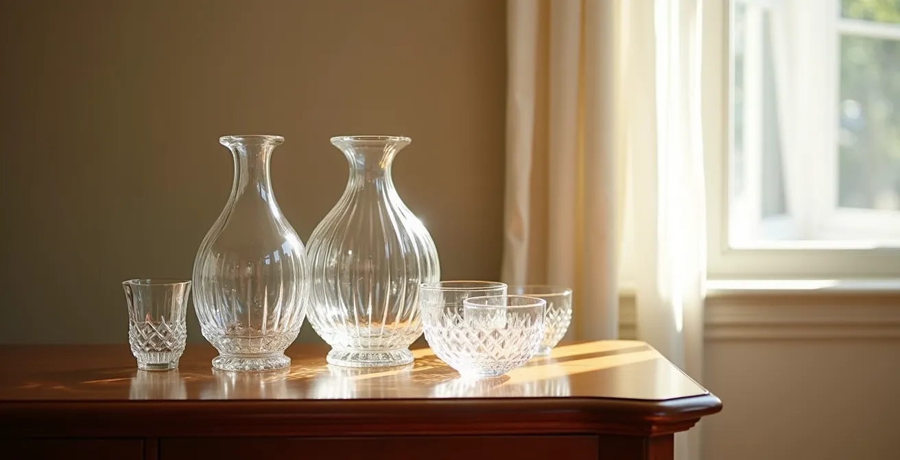 Mise en scène élégante d'objets décoratifs précieux en cristal et porcelaine ancienne dans un intérieur québécois chaleureux