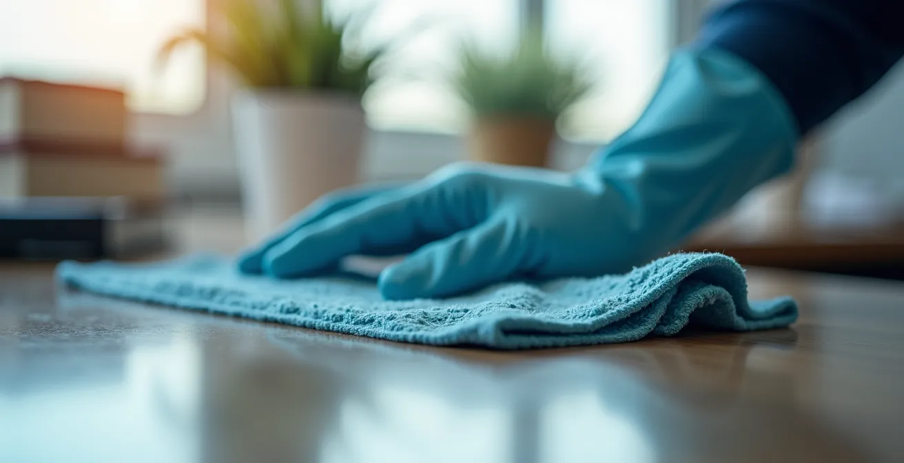 Gros plan macro d'outils de nettoyage silencieux et précis (lingettes microfibre, pulvérisateur) en action délicate sur une surface de bureau.