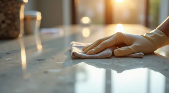 Photo éditoriale d'une surface brillante reflétant une main gantée manipulant un tissu microfibre dans une ambiance professionnelle et élégante