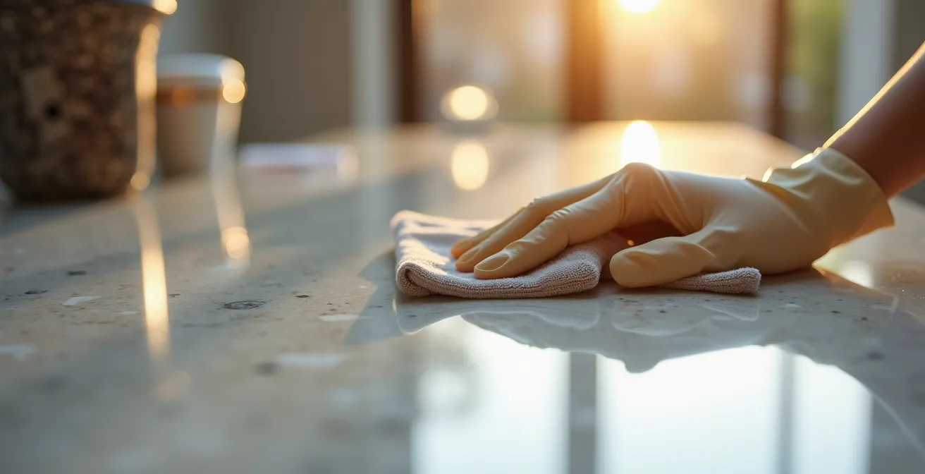 Photo éditoriale d'une surface brillante reflétant une main gantée manipulant un tissu microfibre dans une ambiance professionnelle et élégante