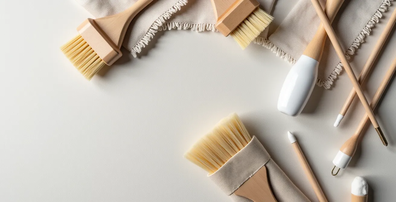 Disposition soignée d'outils de conservation professionnels pour le nettoyage d'objets précieux sur une surface de travail épurée