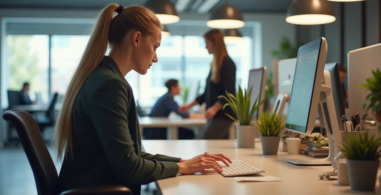 Espace de bureau flexible avec plusieurs postes de travail non attribués, montrant protocoles d'hygiène et zones de partage.