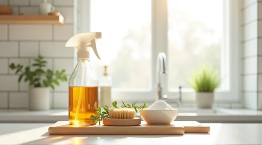 Scène domestique mettant en valeur des produits de nettoyage naturels et écologiques pour un ménage sain au Québec