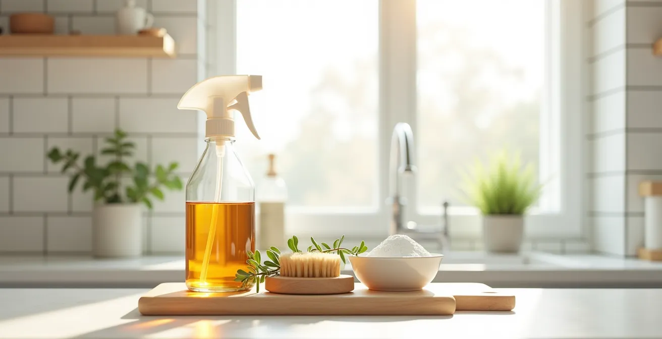 Scène domestique mettant en valeur des produits de nettoyage naturels et écologiques pour un ménage sain au Québec