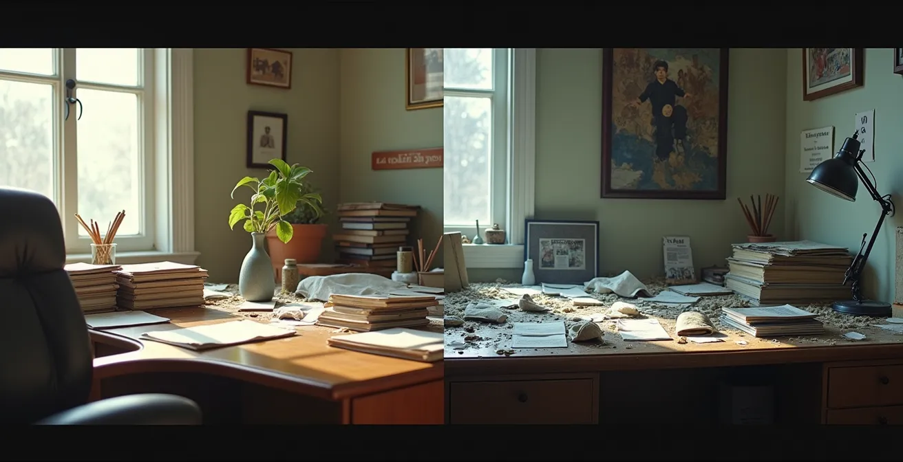 Illustration montrant la progression du désordre dans un espace de travail selon la théorie de la vitre cassée, du détail négligé à la décadence visible.