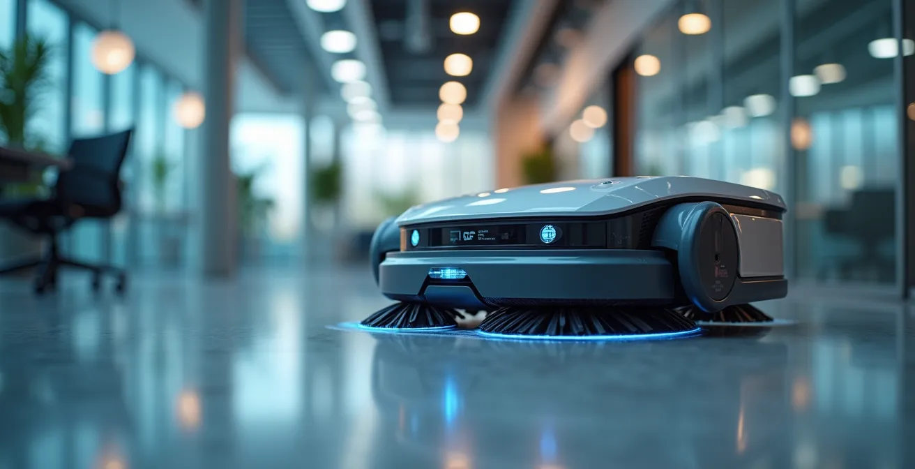 Robot de désinfection UV-C autonome navigant dans un espace commercial québécois pour nettoyage technologique avancé