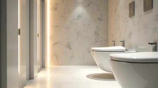 Salle de toilettes professionnelles immaculée avec carrelage blanc brillant, luminaire moderne et équipements sans contact