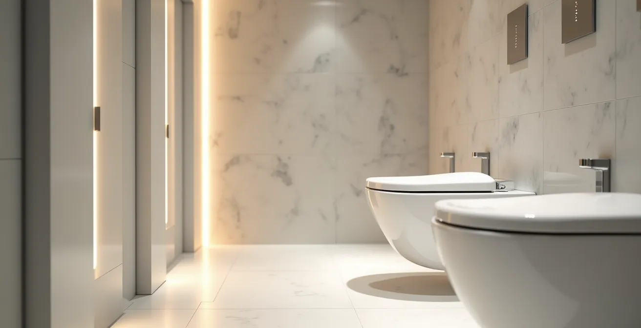 Salle de toilettes professionnelles immaculée avec carrelage blanc brillant, luminaire moderne et équipements sans contact