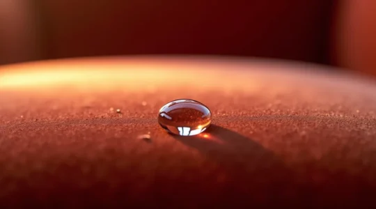 Gros plan artistique de tissu velours de luxe avec gouttelet d'eau perlant, reflétant expertise du nettoyage professionnel de meubles haut de gamme