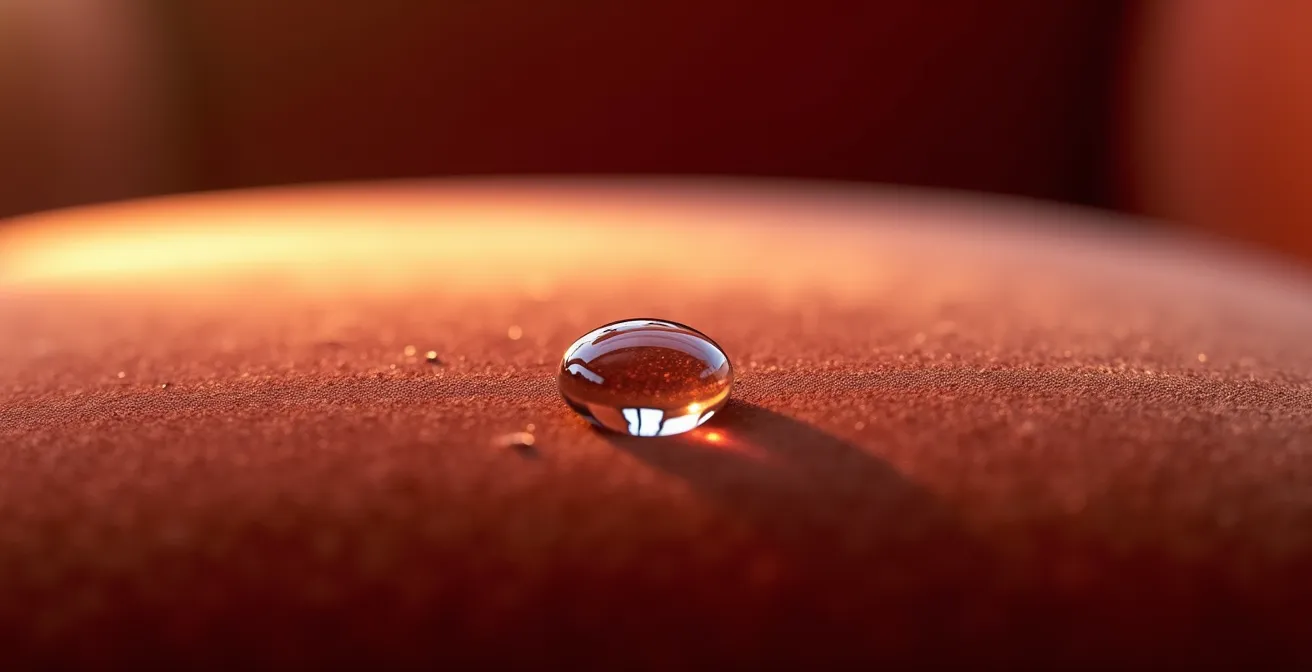 Gros plan artistique de tissu velours de luxe avec gouttelet d'eau perlant, reflétant expertise du nettoyage professionnel de meubles haut de gamme