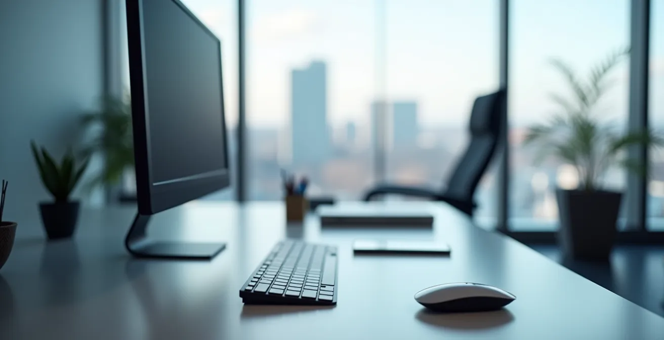 Écran d'une application de gestion de maintenance assistée par ordinateur montrant des indicateurs et des graphiques de performance d'entretien, avec arrière-plan d'un immeuble québécois