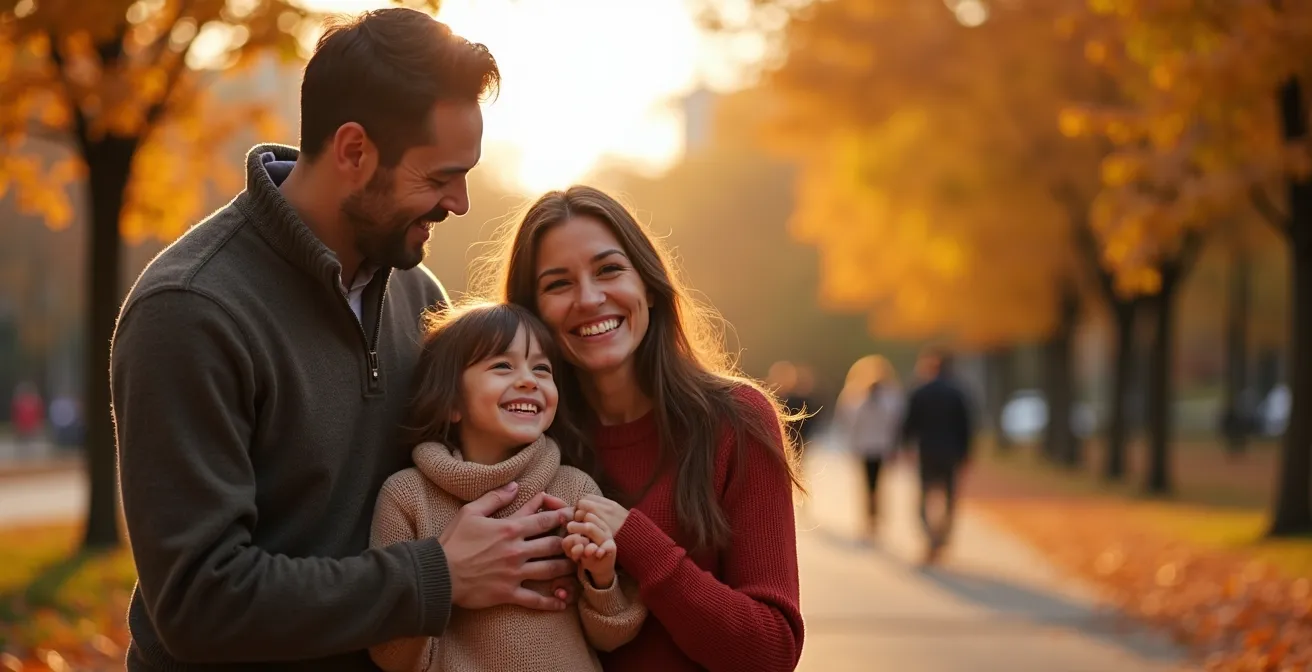 Scène chaleureuse d'une famille québécoise profitant d'un moment de qualité ensemble à l'extérieur