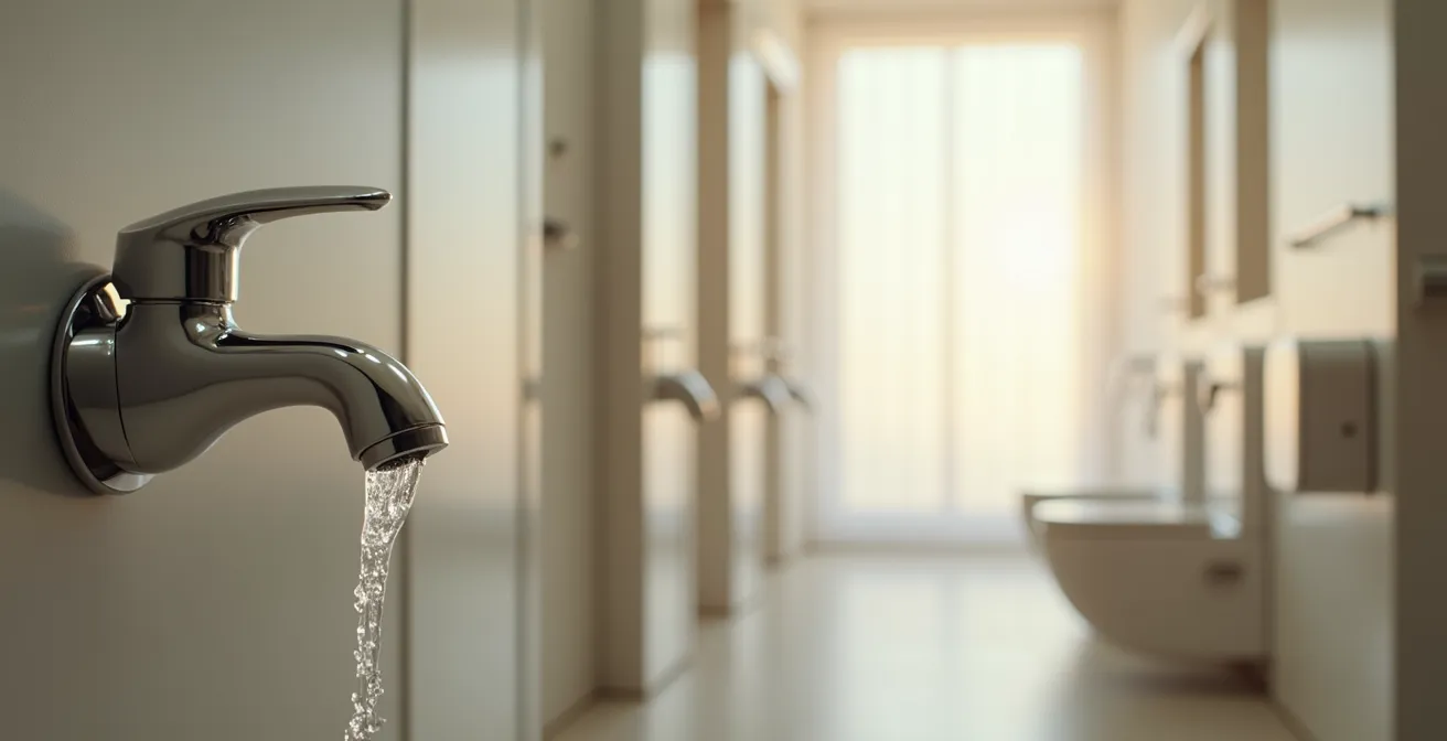 Vue minimaliste d'une cabine de toilettes immaculée avec savon, robinetterie brillante, et espace vide respirant.