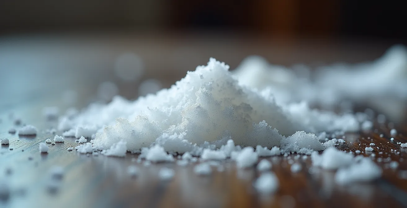 Gros plan texturé de traces blanchâtres de calcium et sel sur une surface sombre après l'hiver