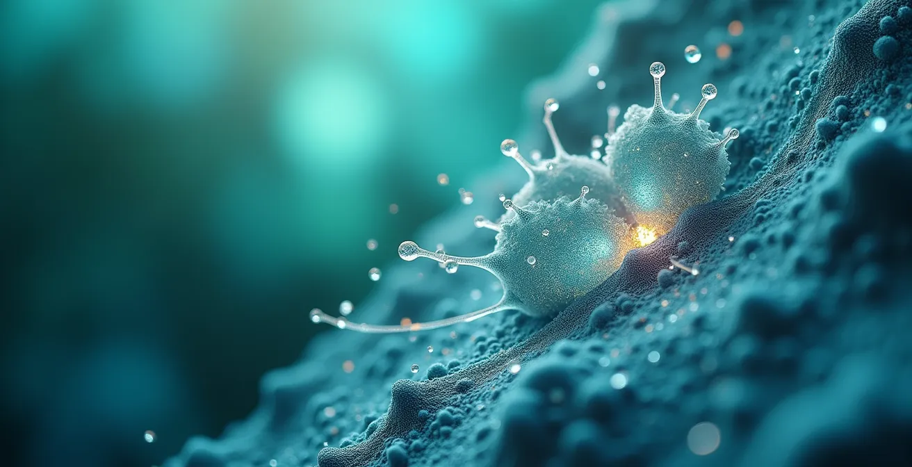 Vue stylisée au microscope de l'action de bactéries et d'enzymes décomposant une particule de saleté.
