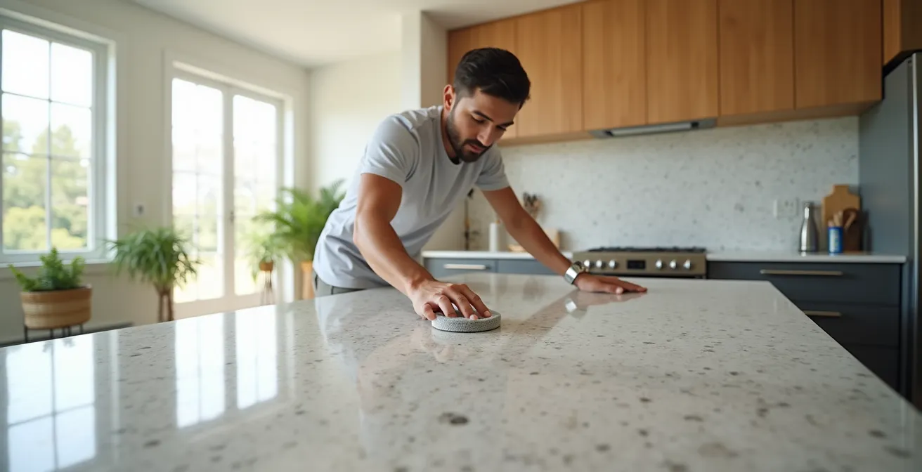 Vue d'ensemble minimaliste d'un comptoir de granit en cours de traitement avec un scellant protecteur dans une cuisine québécoise moderne