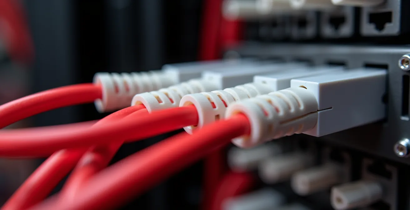Vue macro détaillée de câbles réseau organisés avec système d'étiquetage professionnel