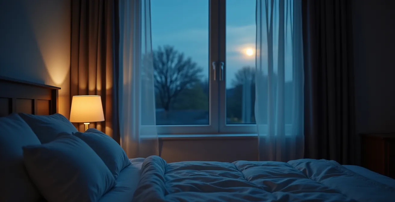 Chambre à coucher paisible avec fenêtre entrouverte laissant entrer l'air frais de la nuit