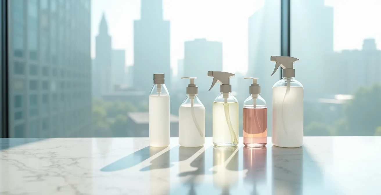 Arrangement minimaliste de cinq flacons de nettoyage professionnels sur un comptoir blanc, évoquant un arsenal ciblé.