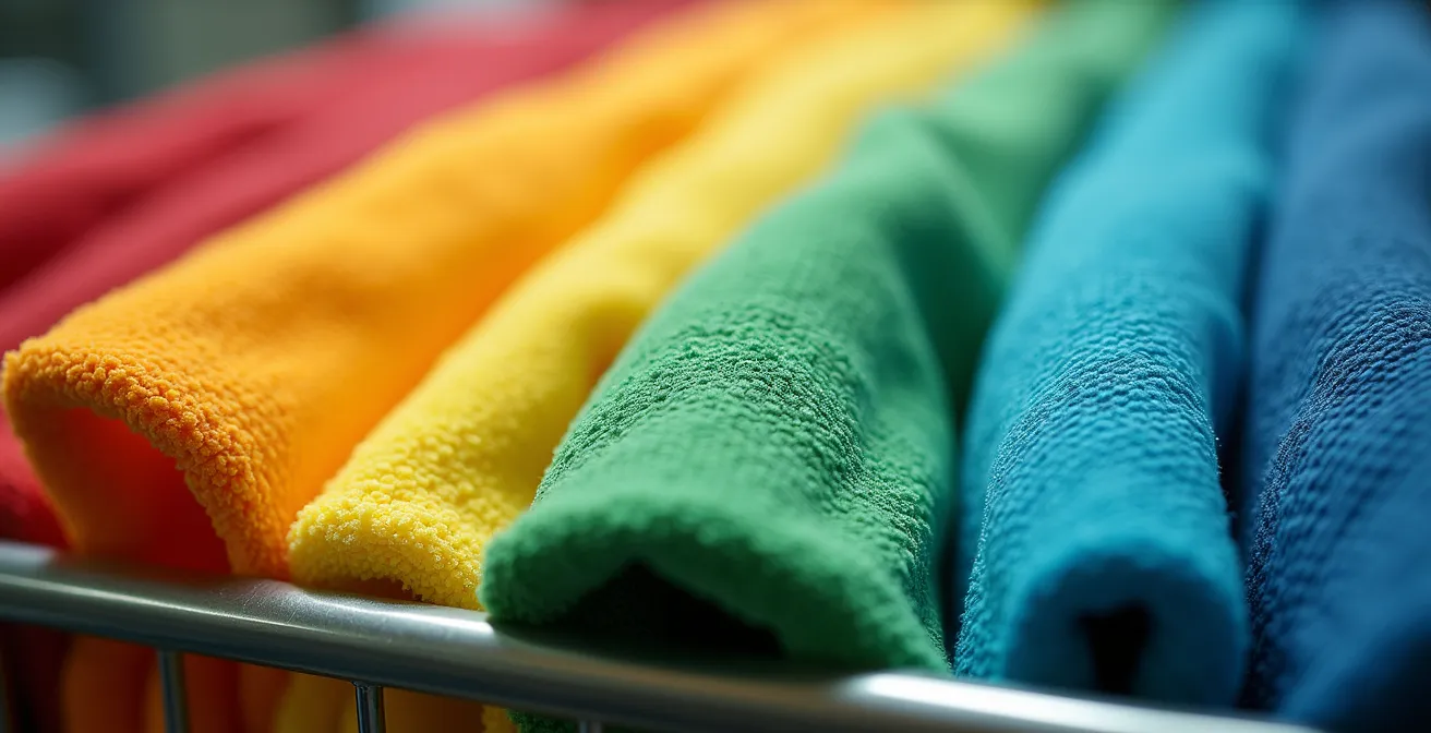 Système de code couleur pour équipement de nettoyage hospitalier avec zones de risque différenciées